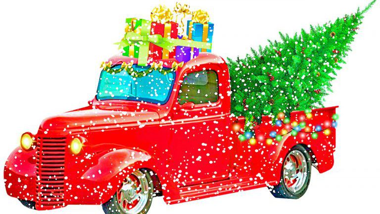 Zeichnung Pickups mit Weihnachtsgeschenken und Christbaum