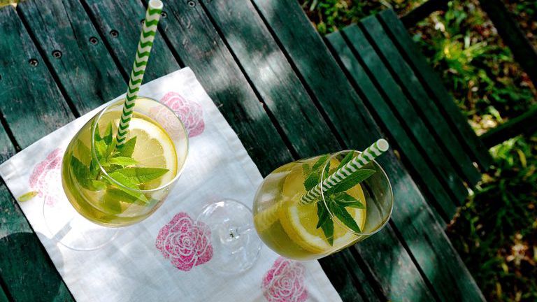 Sommergetränk mit Zitrone und Zitronenverbene auf grünem Gartentisch