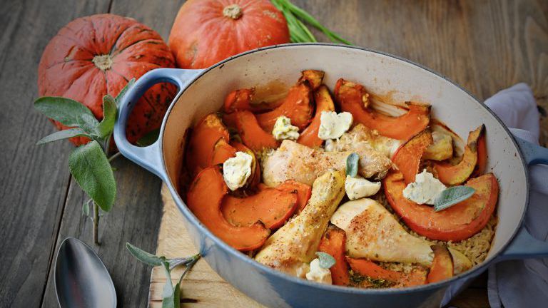 One Pot Gericht mit Reis, Huhn und Kürbis