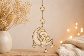 Holz Engel auf Mond Anhänger – Lasergraviert & Handgemacht 