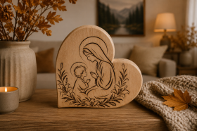 Maria + Jesus aus Zirbenholz  Graviertes Holzherz mit Lilien