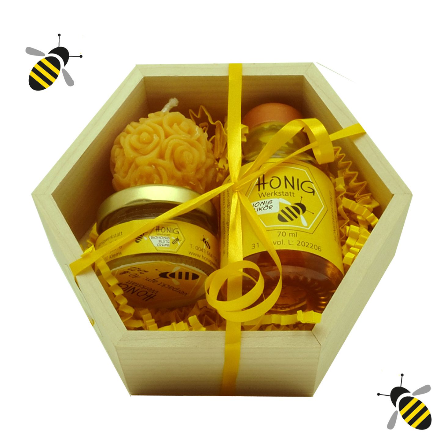 Geschenkwabe Honig, Honiglikör, Bienenwachskerze - HONIGWERKSTATT