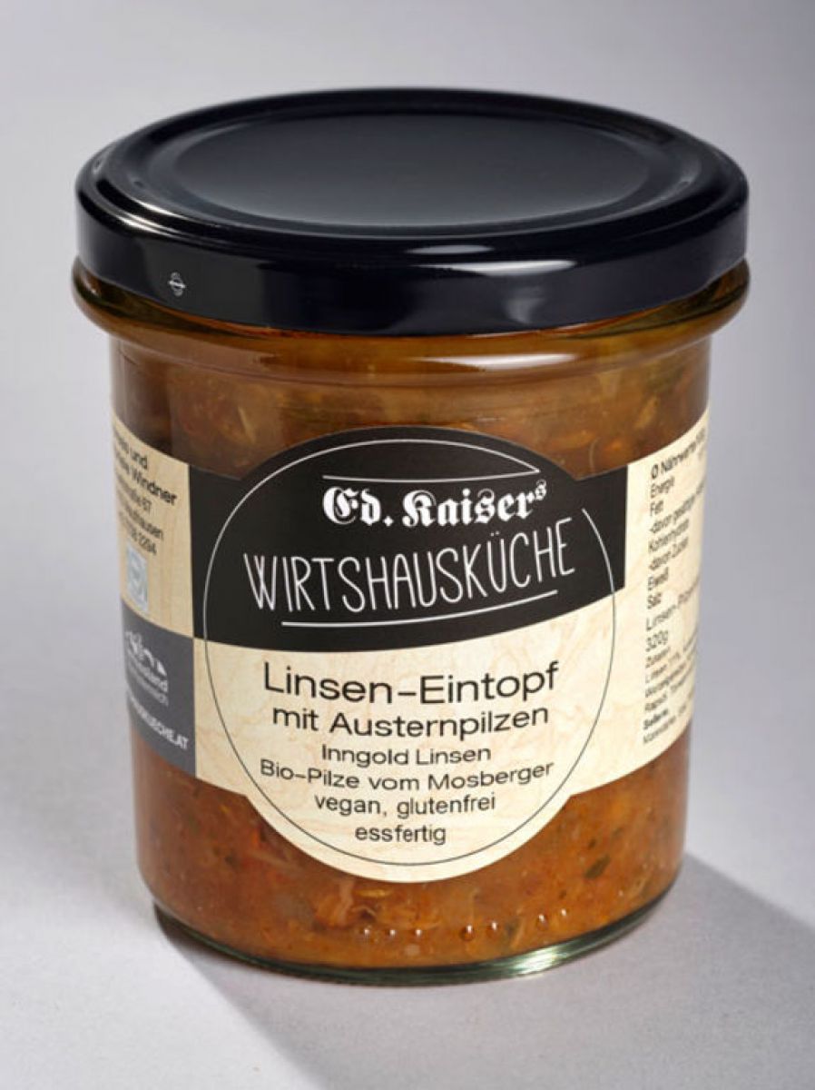 Linsen Eintopf mit Austernpilzen im Glas Die