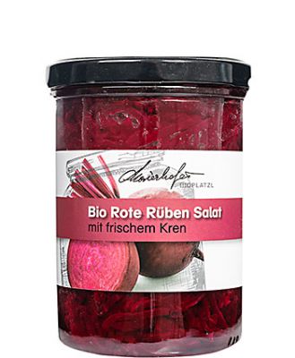 Zutaten: Bio Rote Rüben, Wasser, Bio- Apfelessig (kann Sulfite enthalten), Bio-Zucker, Bio-Kren, Salz, Bio-Kümmel
