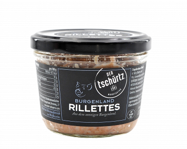 Rillettes vom burgenländischen Wollschwein (Mangalitzaschwein). Sehr langsam gebraten, mit Weißwein, Kräuter und Zwiebel aus dem sonnigen Burgenland.