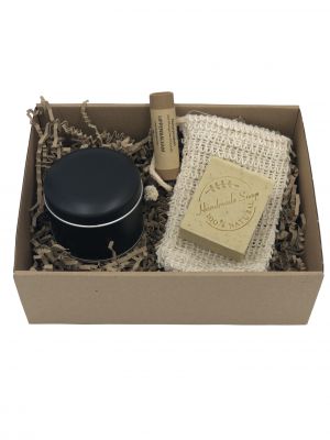 Personalisierte Geschenk mit vegan Seife, Bienenwachs Lippenpflege, Duftkerze im Glas und Seifensäckchen