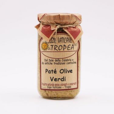Paté Olive Verdi aus Tropea – feiner harmonischer Geschmack, passt hervorragend auf Croutons, um Saucen und Fleisch zu verfeinern, zu Käse, auf frischem Brot.

Zutaten: Grüne Oliven, Olivenöl, Basilikum, Petersilie, Salz