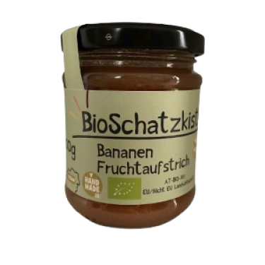 Qualität: kontrolliert biologisch

Zutaten: Banane * (54%), Zucker *, Wasser, Zitronensäure, (Geliermittel: Agar Agar + Pektin), Salz - * kontrolliert biologisch

Verwendung: als Brotaufstrich und als Dip zu verschiedensten Käsesorten

Nach dem Öffnen kühl und trocken lagern und ehestmöglich verbrauchen.