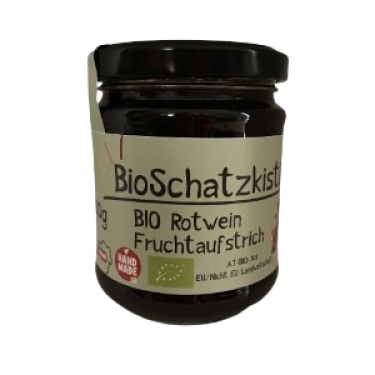 Qualität: kontrolliert biologisch

Zutaten: Rotwein (trocken) * (geschwefelt), Zucker *, Zitronensäure, (Geliermittel: Agar Agar + Pektin), Salz - * kontrolliert biologisch

Verwendung: als Brotaufstrich und als Dip zu verschiedensten Käsesorten

Nach dem Öffnen kühl und trocken lagern und ehestmöglich verbrauchen.