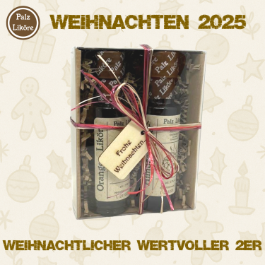 Für Weihnachten gibts bei uns den Weihnachtlichen wertvollen 2er. Das sind 2 Liköre a 100ml, verpackt in einer Displayschachtel, mit Glanzschleife, Glöckchen und Frohe Weihnachten Holtetikett. 