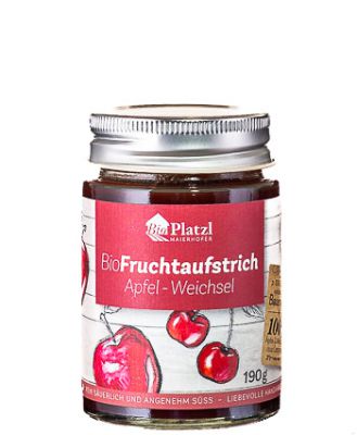 Zutaten: Bio-Äpfel, Bio-Weichseln, Bio-Zucker, Pektin, Zitronensäure