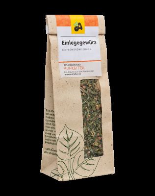 Bio-Einlegegewürz
Gewürzmischung zum Einlegen von Gemüse mit Essig oder Salzlake.
Dosierung: 1 Teelöffel Gewürz auf ein 0,7 Liter Glas mit Gemüse.
Gutes Gelingen!